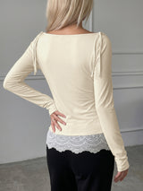 Women’s Draped Neck Lace Hem Long Sleeve Top