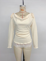 Women’s Draped Neck Lace Hem Long Sleeve Top