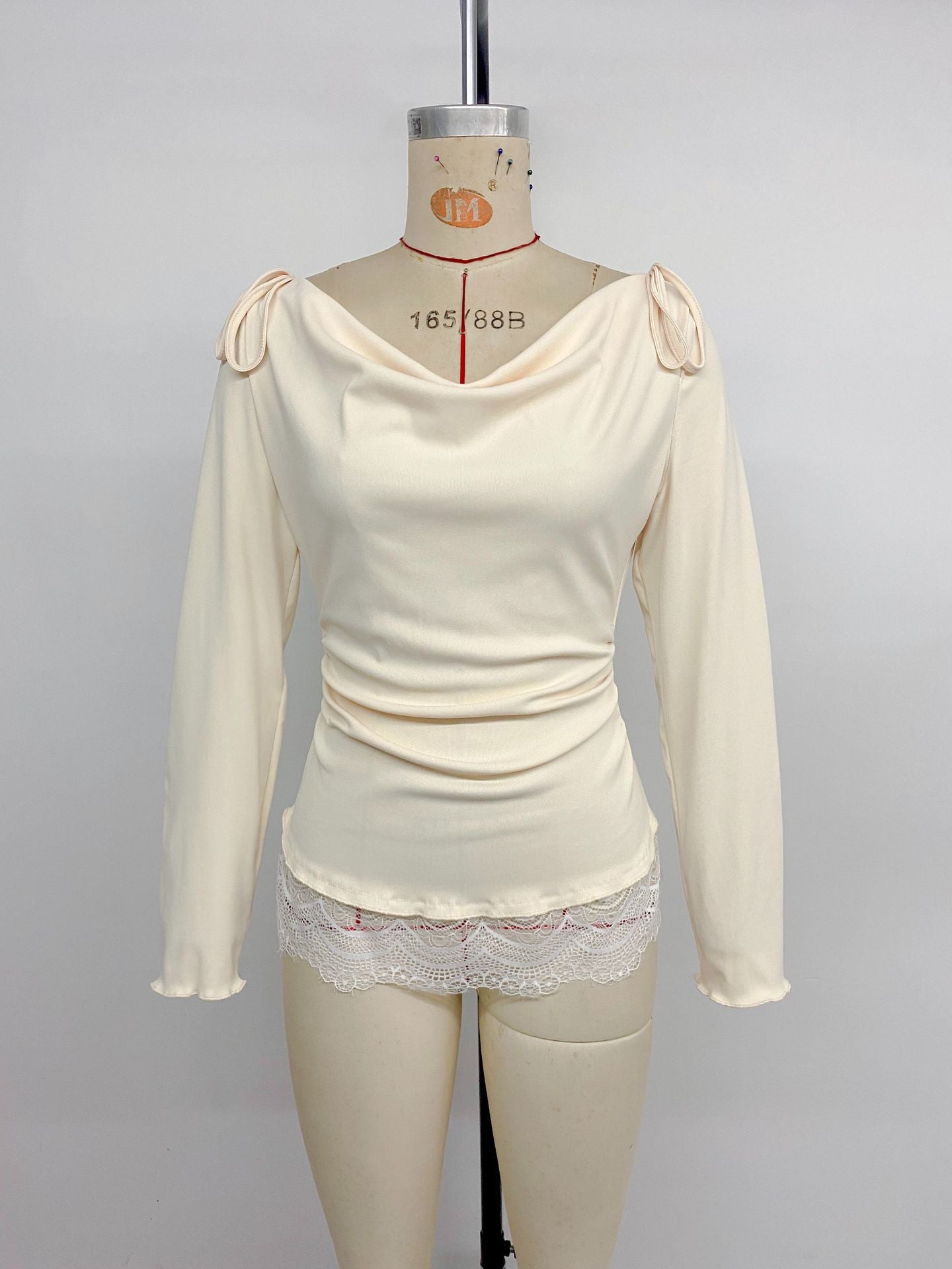 Women’s Draped Neck Lace Hem Long Sleeve Top