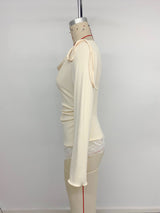 Women’s Draped Neck Lace Hem Long Sleeve Top