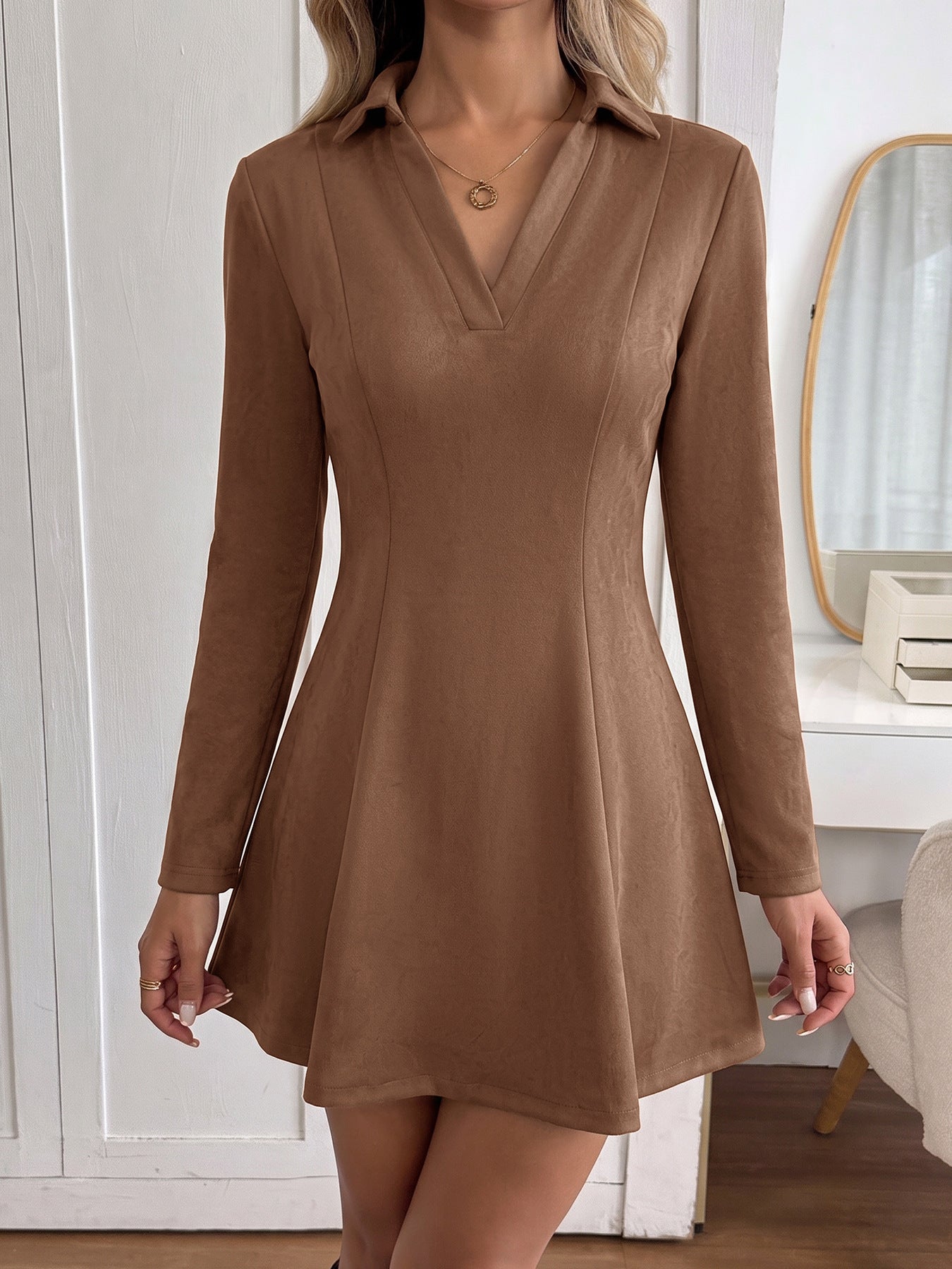 Women’s Long Sleeve Collared A-Line Mini Dress