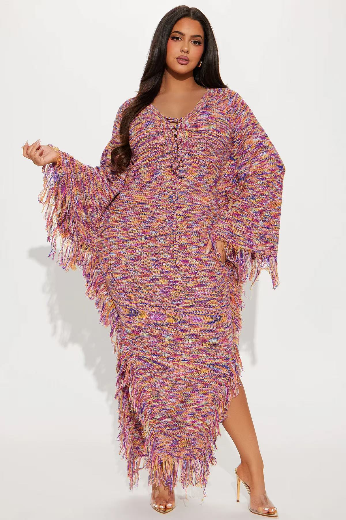 Women’s Lace-Up Fringe Knit Maxi Dress