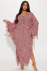 Women’s Lace-Up Fringe Knit Maxi Dress