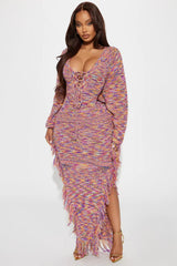Women’s Lace-Up Fringe Knit Maxi Dress