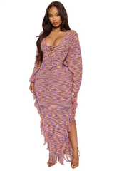 Women’s Lace-Up Fringe Knit Maxi Dress