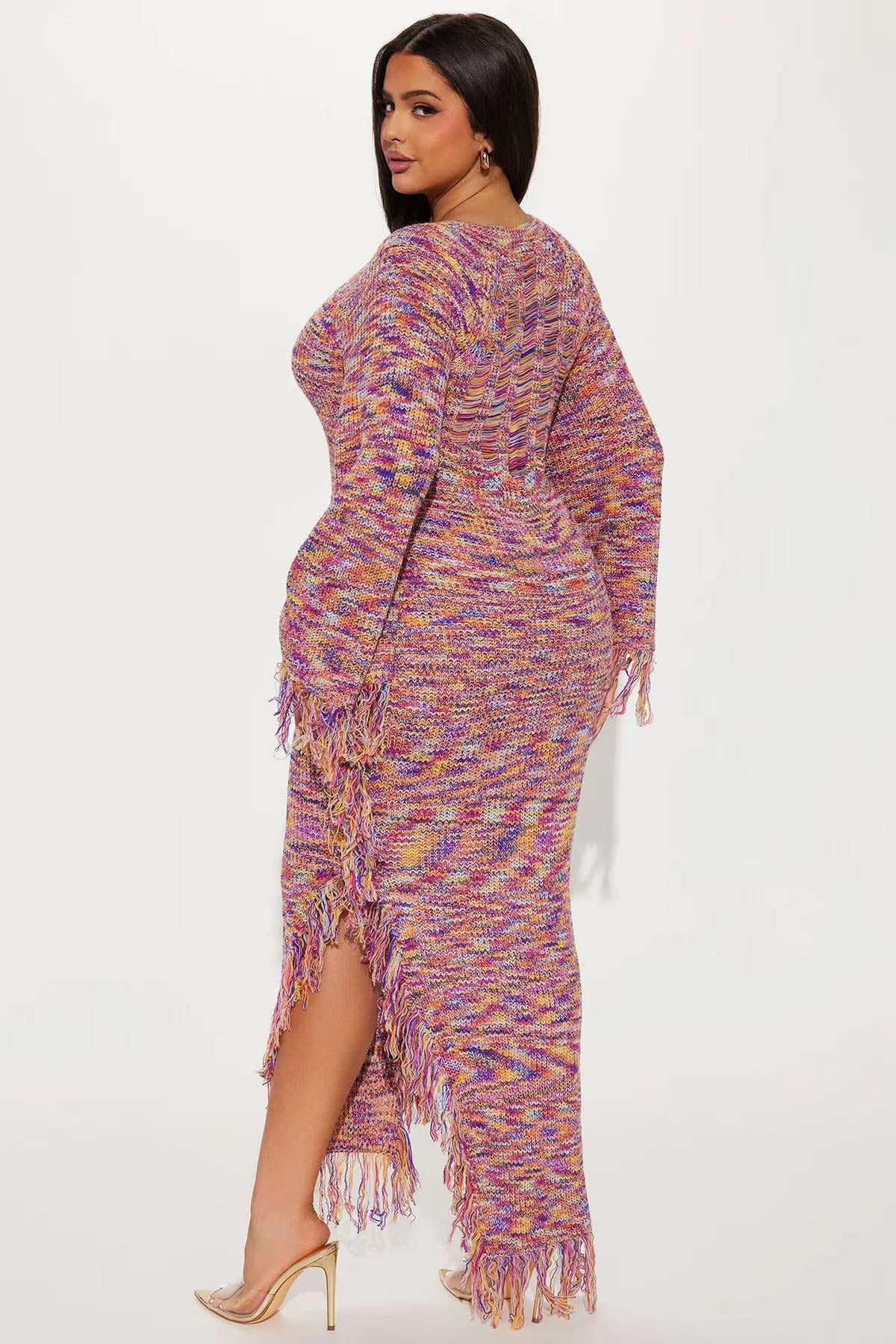 Women’s Lace-Up Fringe Knit Maxi Dress