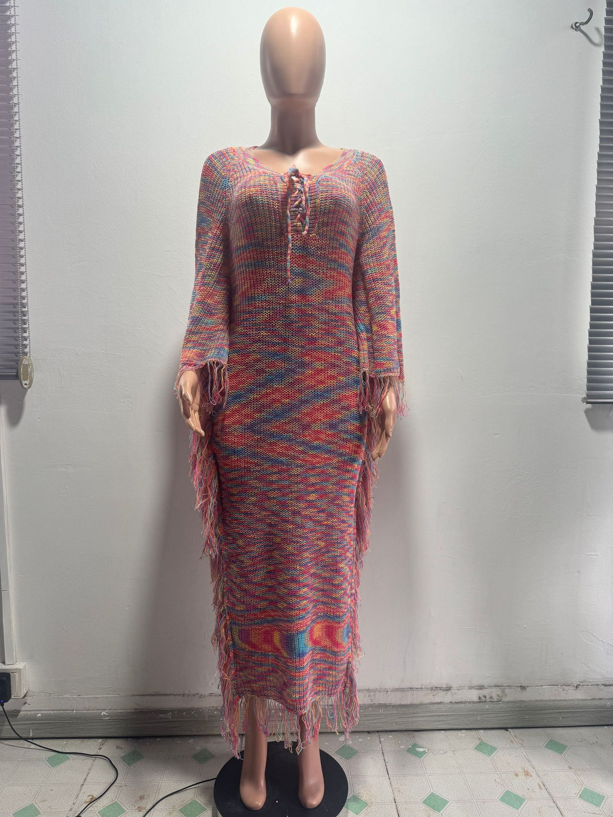 Women’s Lace-Up Fringe Knit Maxi Dress