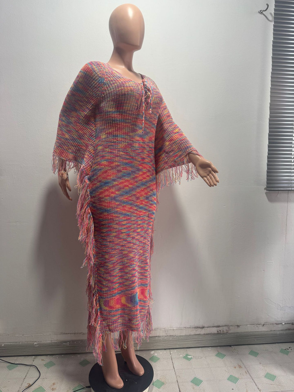 Women’s Lace-Up Fringe Knit Maxi Dress