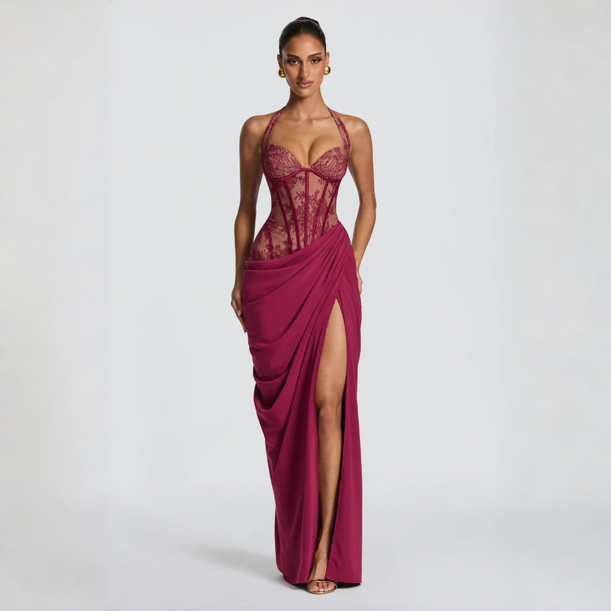 Women’s Lace Corset Draped Maxi Dress