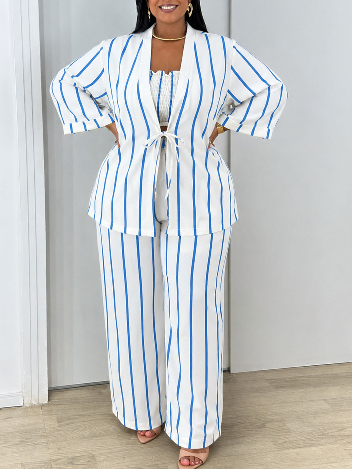 Women’s Striped Blazer and Pants 3-Piece Set