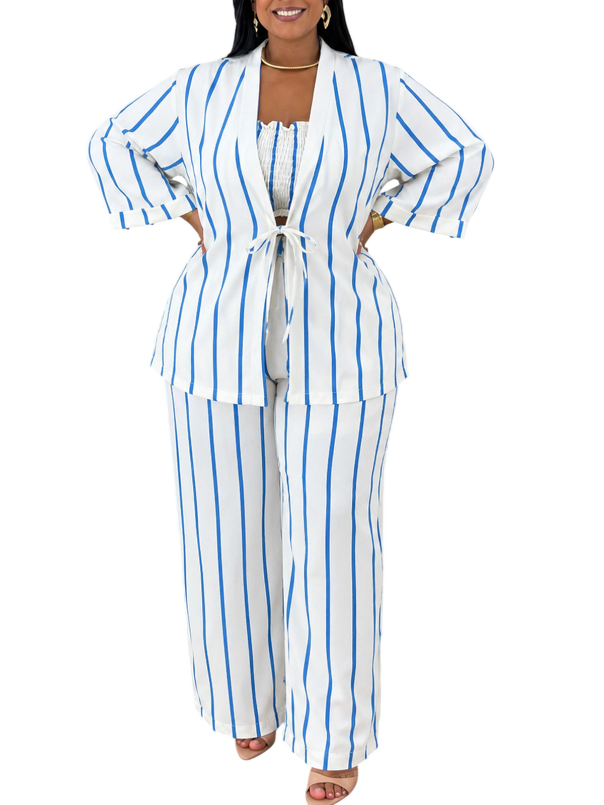 Women’s Striped Blazer and Pants 3-Piece Set