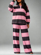 Women’s Striped Polo Top and Wide Leg Pants Set