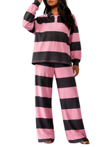 Women’s Striped Polo Top and Wide Leg Pants Set
