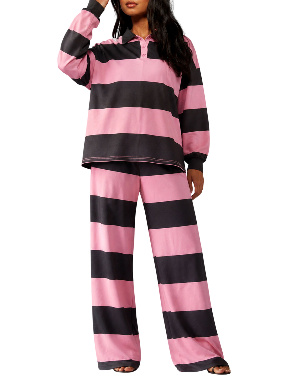 Women’s Striped Polo Top and Wide Leg Pants Set