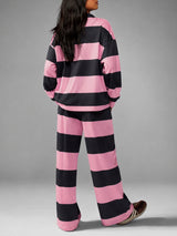 Women’s Striped Polo Top and Wide Leg Pants Set