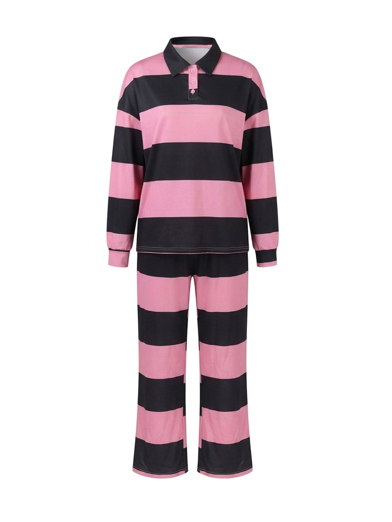 Women’s Striped Polo Top and Wide Leg Pants Set