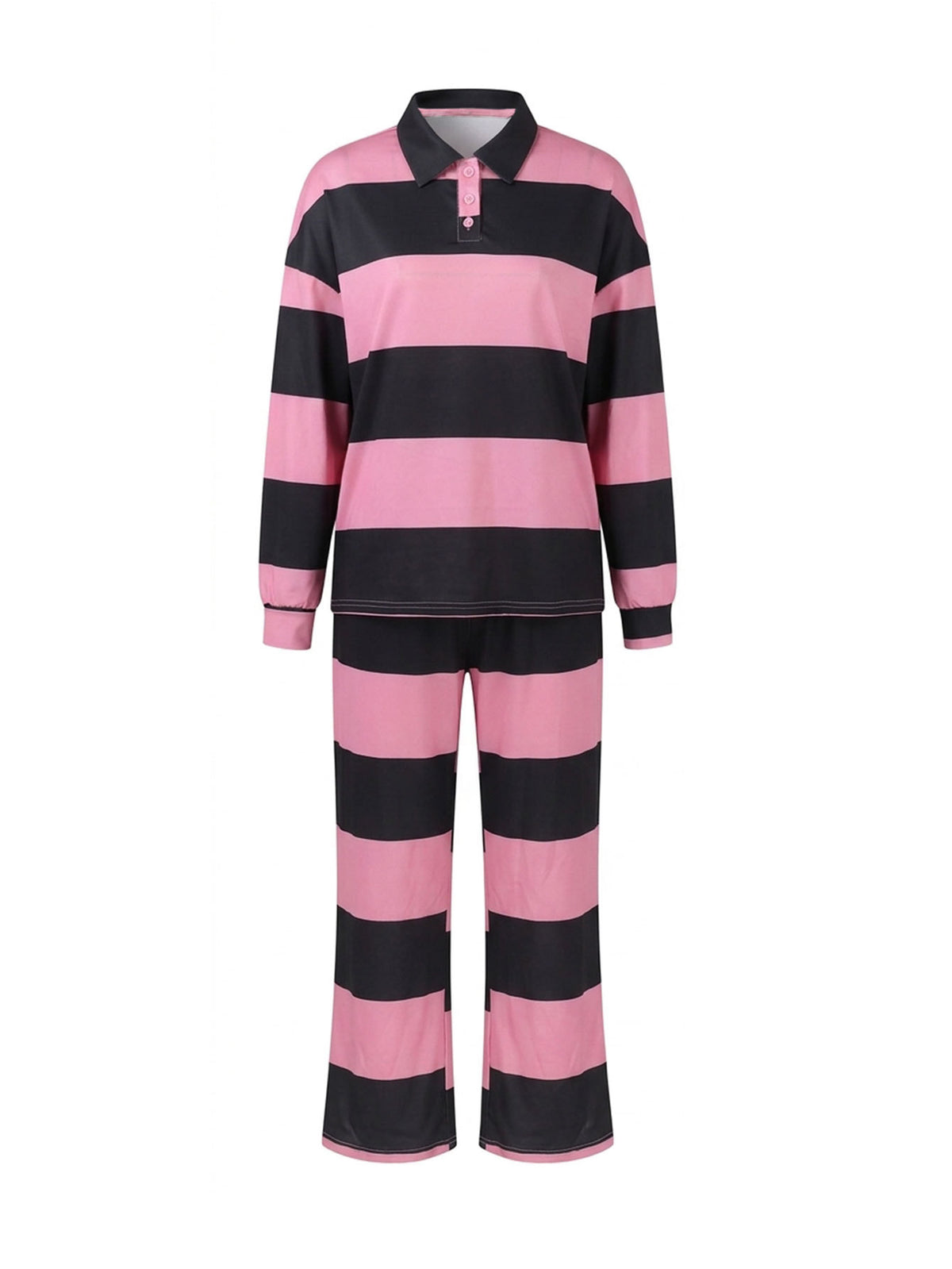 Women’s Striped Polo Top and Wide Leg Pants Set