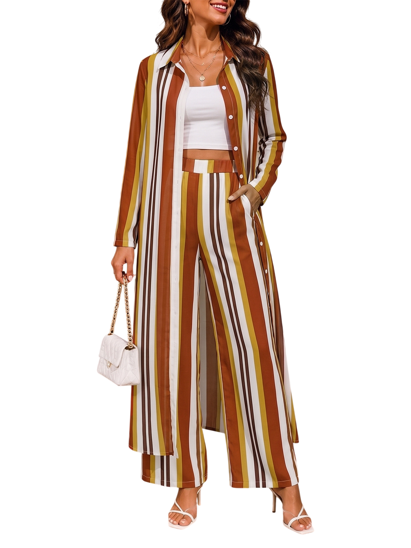 Women’s Striped Longline Shirt and Pants Set