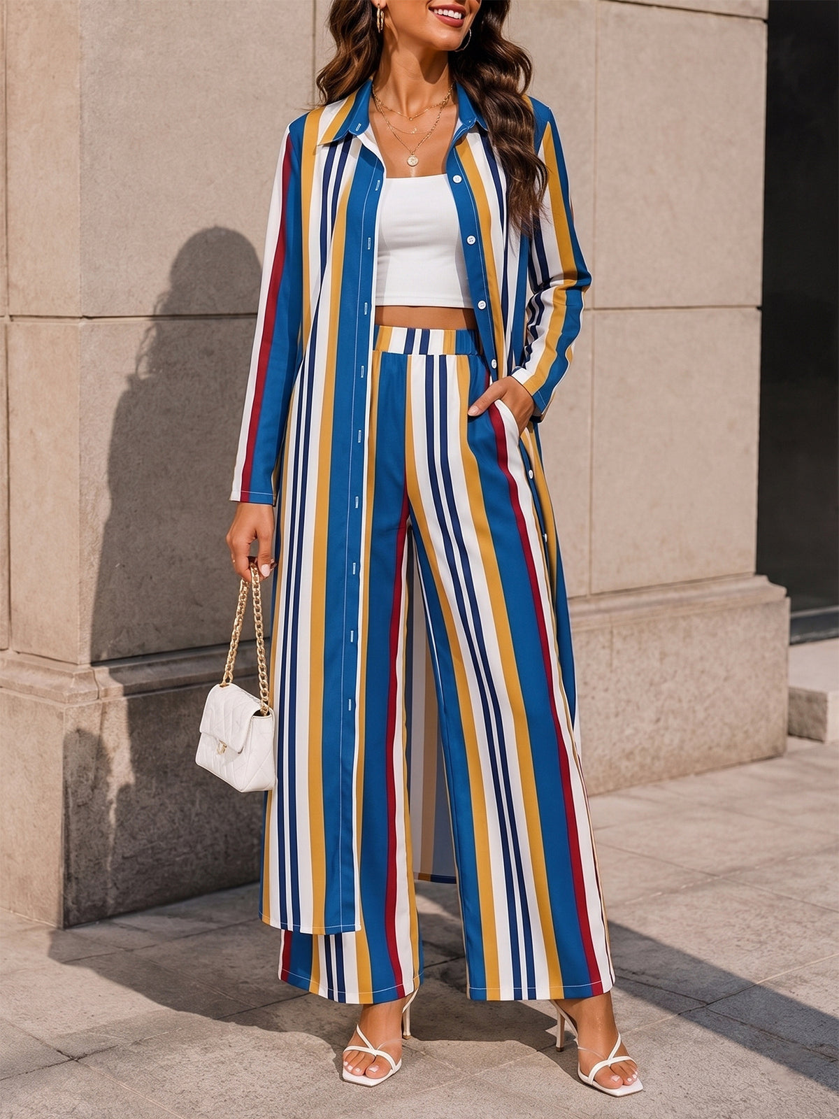 Women’s Striped Longline Shirt and Pants Set