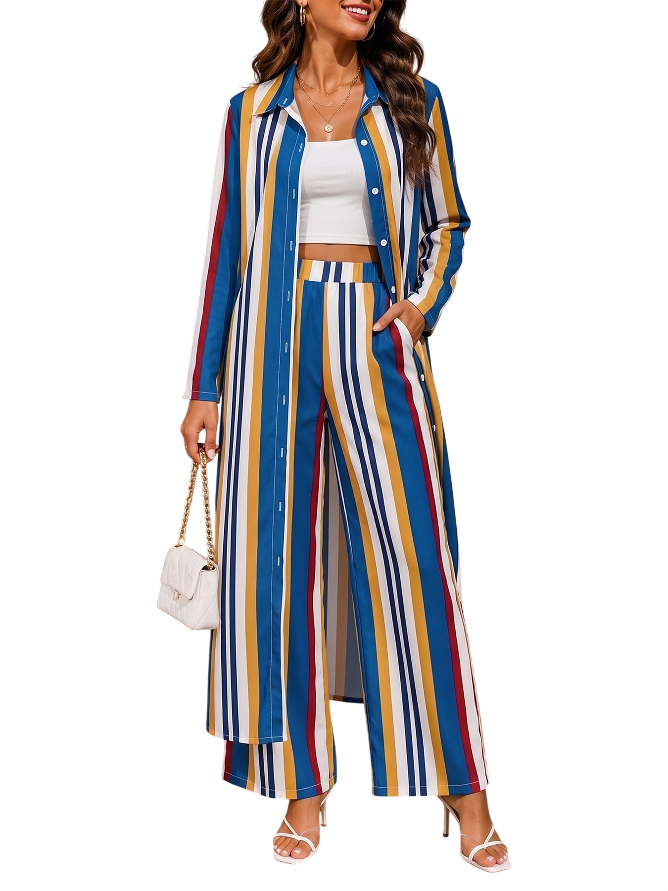 Women’s Striped Longline Shirt and Pants Set