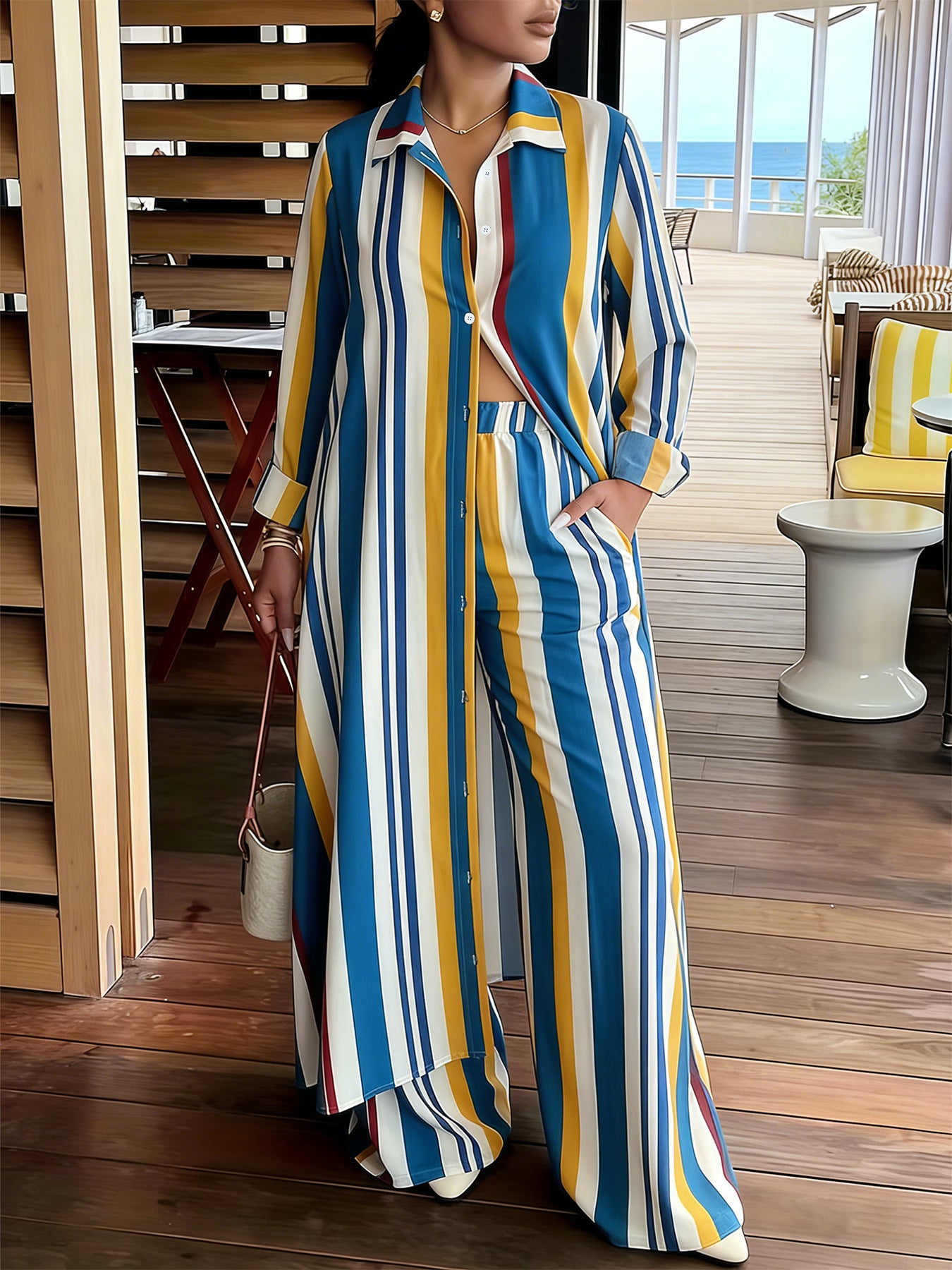 Women’s Striped Longline Shirt and Pants Set