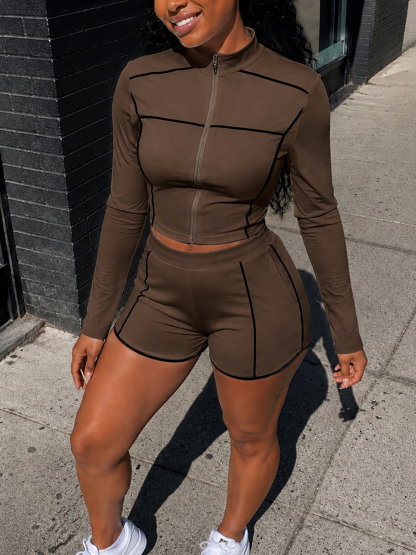 Women’s Zip-Up Top and Shorts Two-Piece Set