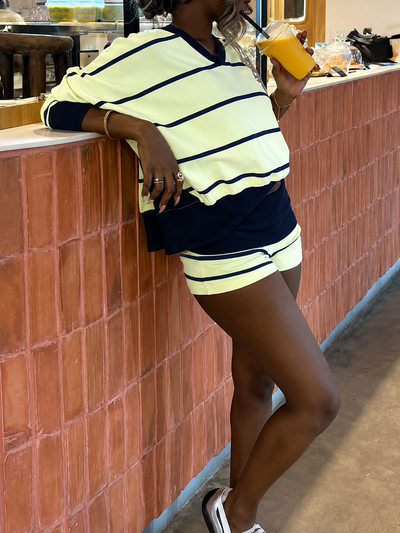 Women’s Striped V-Neck Top and Shorts Set