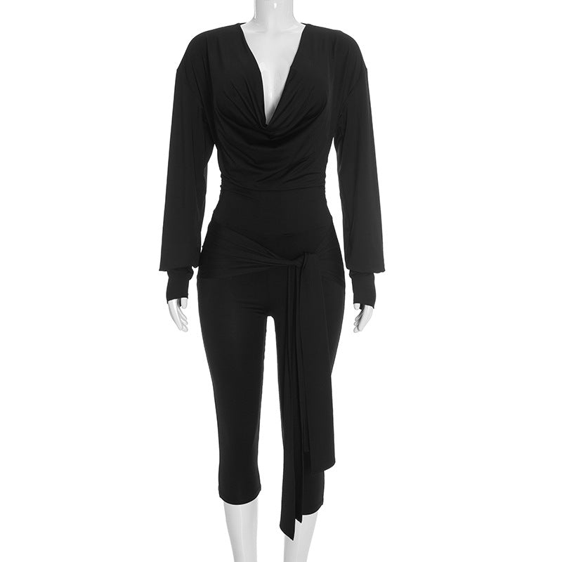 Women’s Ruched Long Sleeve Capri Jumpsuit