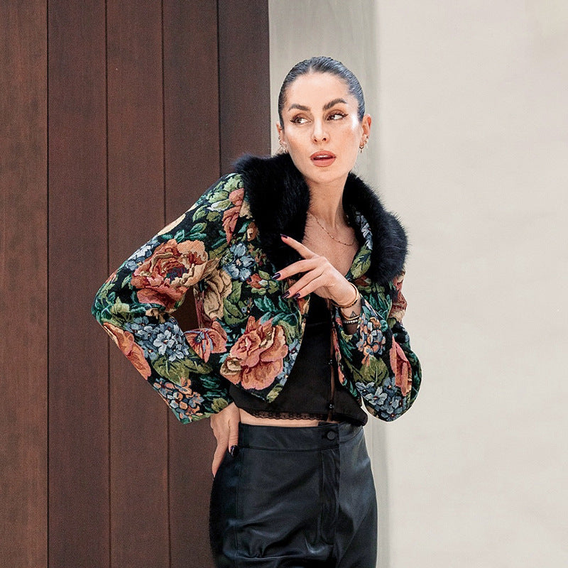 Women’s Floral Faux Fur Collar Cropped Jacket