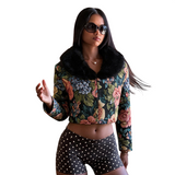 Women’s Floral Faux Fur Collar Cropped Jacket
