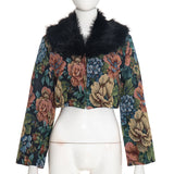 Women’s Floral Faux Fur Collar Cropped Jacket