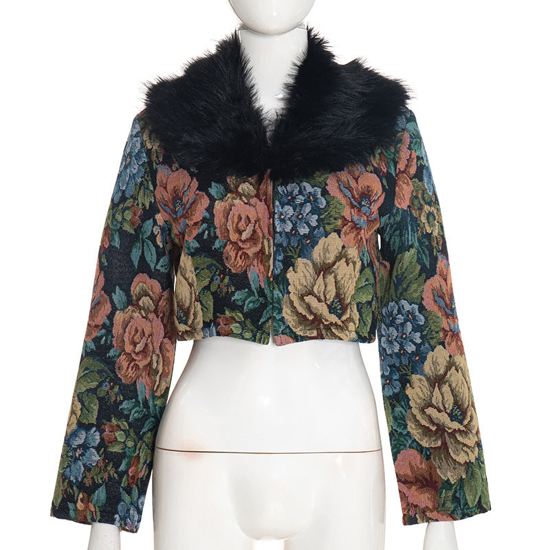 Women’s Floral Faux Fur Collar Cropped Jacket