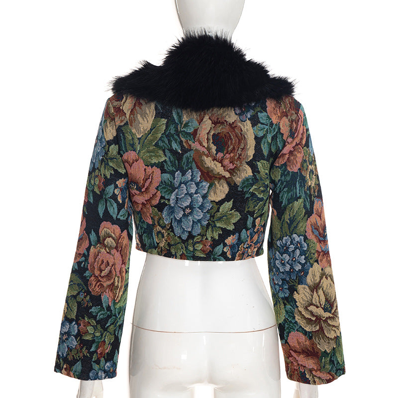 Women’s Floral Faux Fur Collar Cropped Jacket