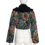 Women’s Floral Faux Fur Collar Cropped Jacket