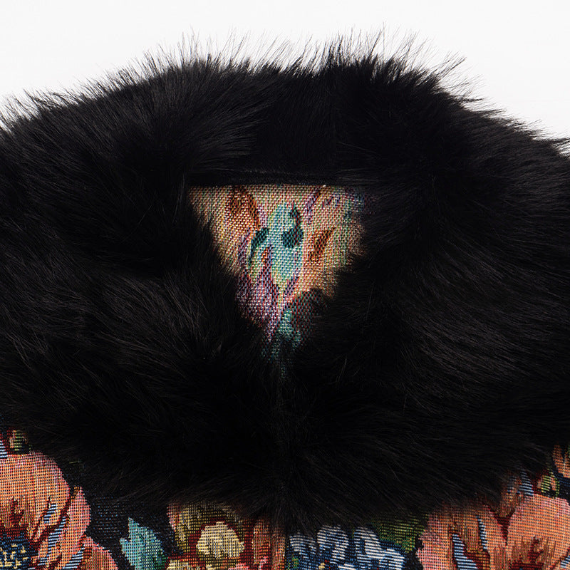 Women’s Floral Faux Fur Collar Cropped Jacket