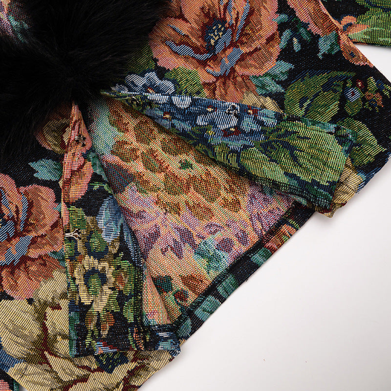 Women’s Floral Faux Fur Collar Cropped Jacket