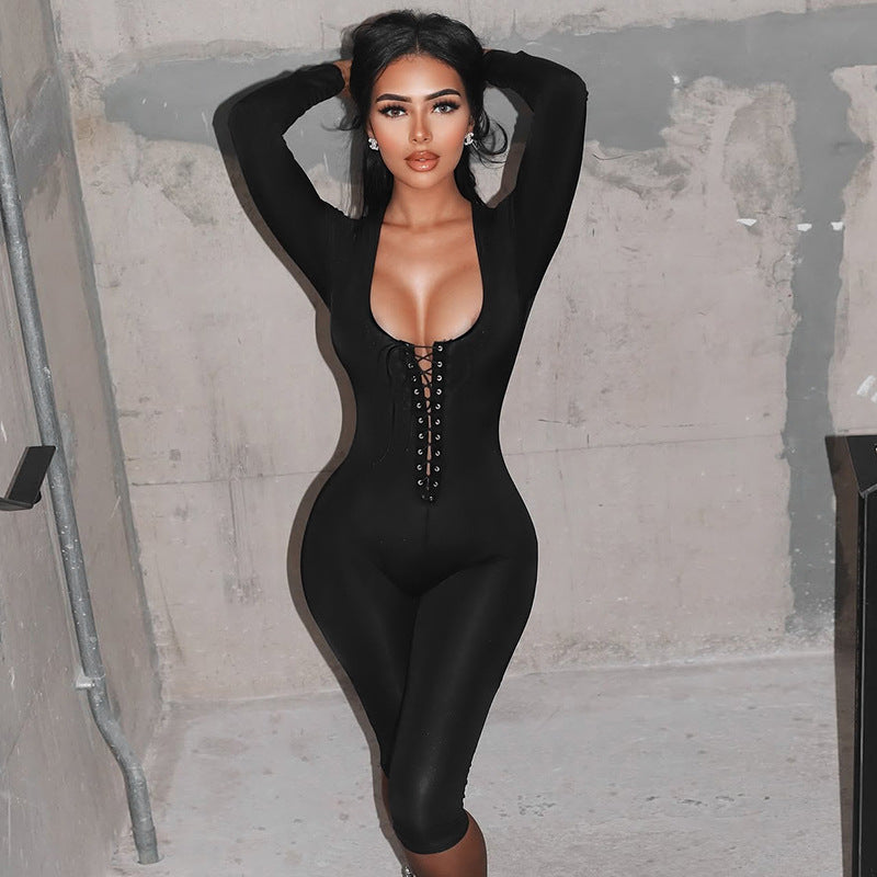 Women’s Lace-Up Long Sleeve Capri Jumpsuit