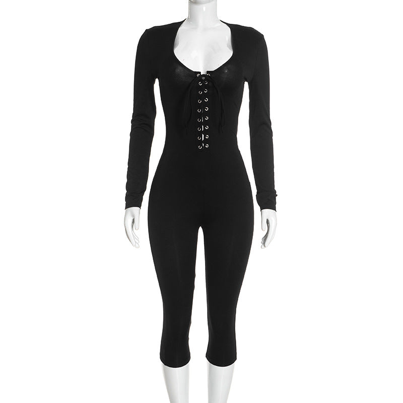Women’s Lace-Up Long Sleeve Capri Jumpsuit