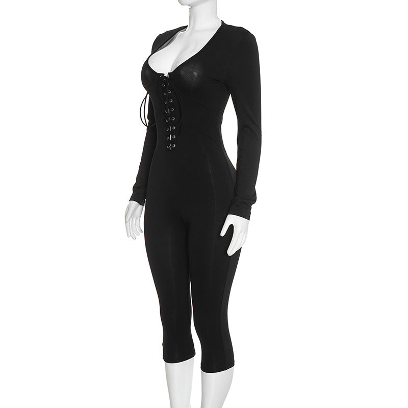 Women’s Lace-Up Long Sleeve Capri Jumpsuit