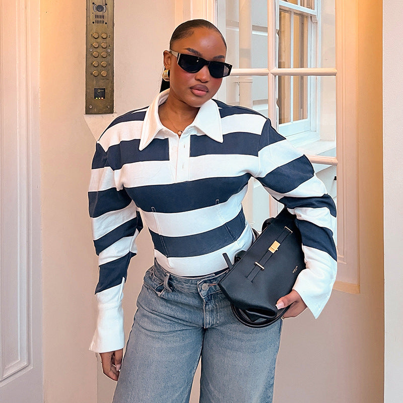 Women’s Striped Long Sleeve Polo Top