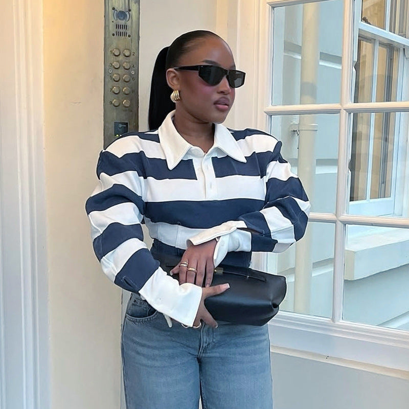 Women’s Striped Long Sleeve Polo Top