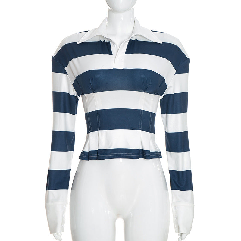 Women’s Striped Long Sleeve Polo Top
