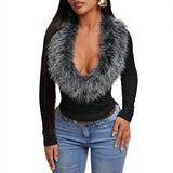 Women’s Faux Fur Collar Long Sleeve Top