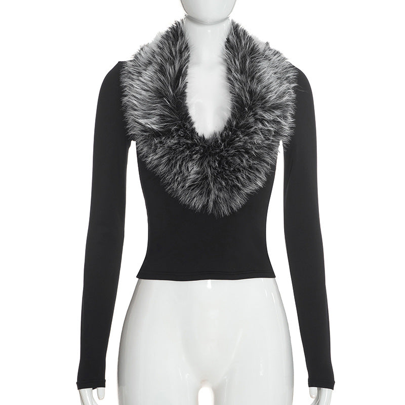 Women’s Faux Fur Collar Long Sleeve Top