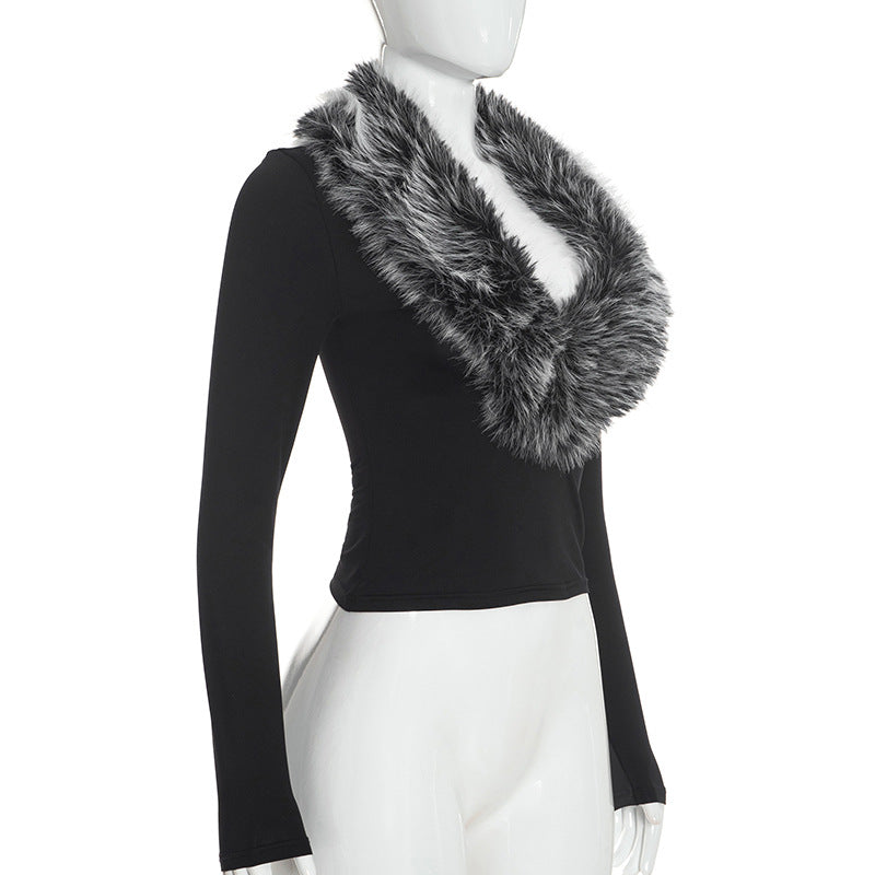 Women’s Faux Fur Collar Long Sleeve Top