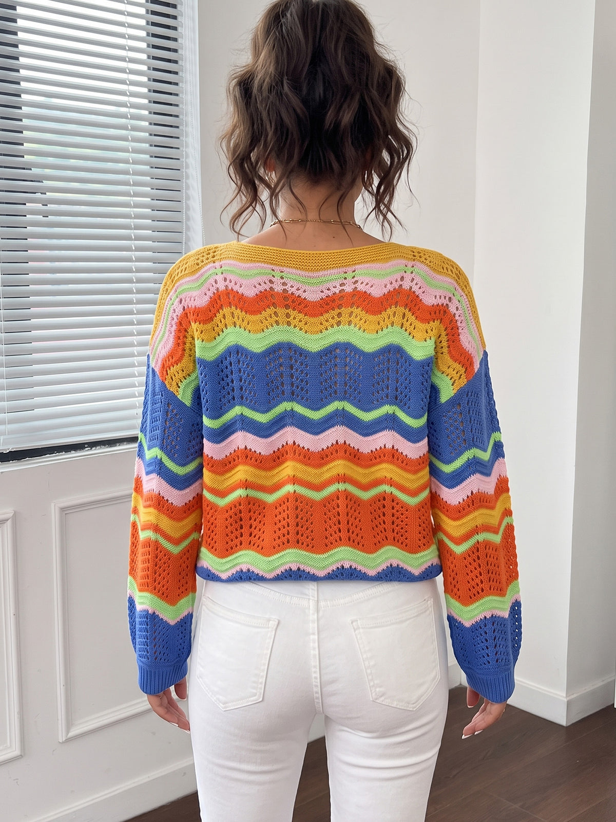 Women’s Striped Crochet Knit Long Sleeve Top