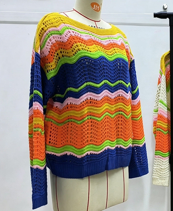 Women’s Striped Crochet Knit Long Sleeve Top