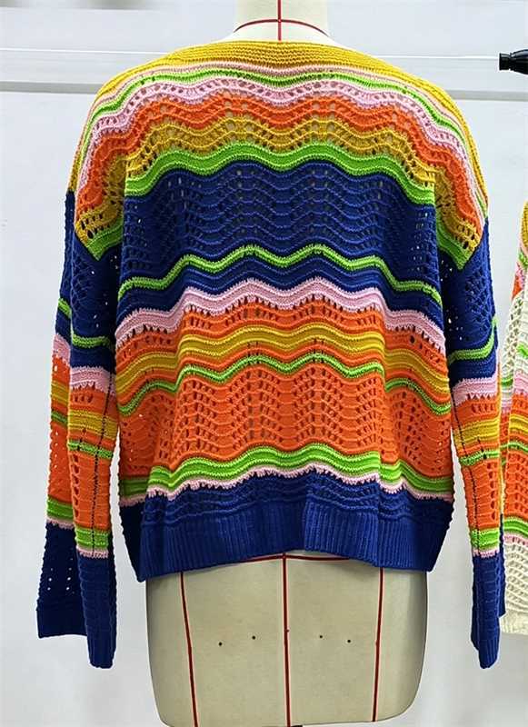 Women’s Striped Crochet Knit Long Sleeve Top