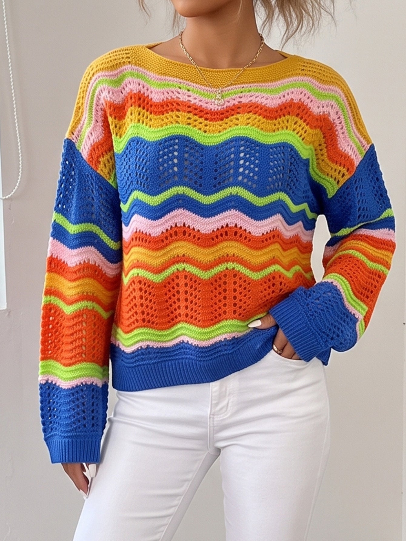 Women’s Striped Crochet Knit Long Sleeve Top