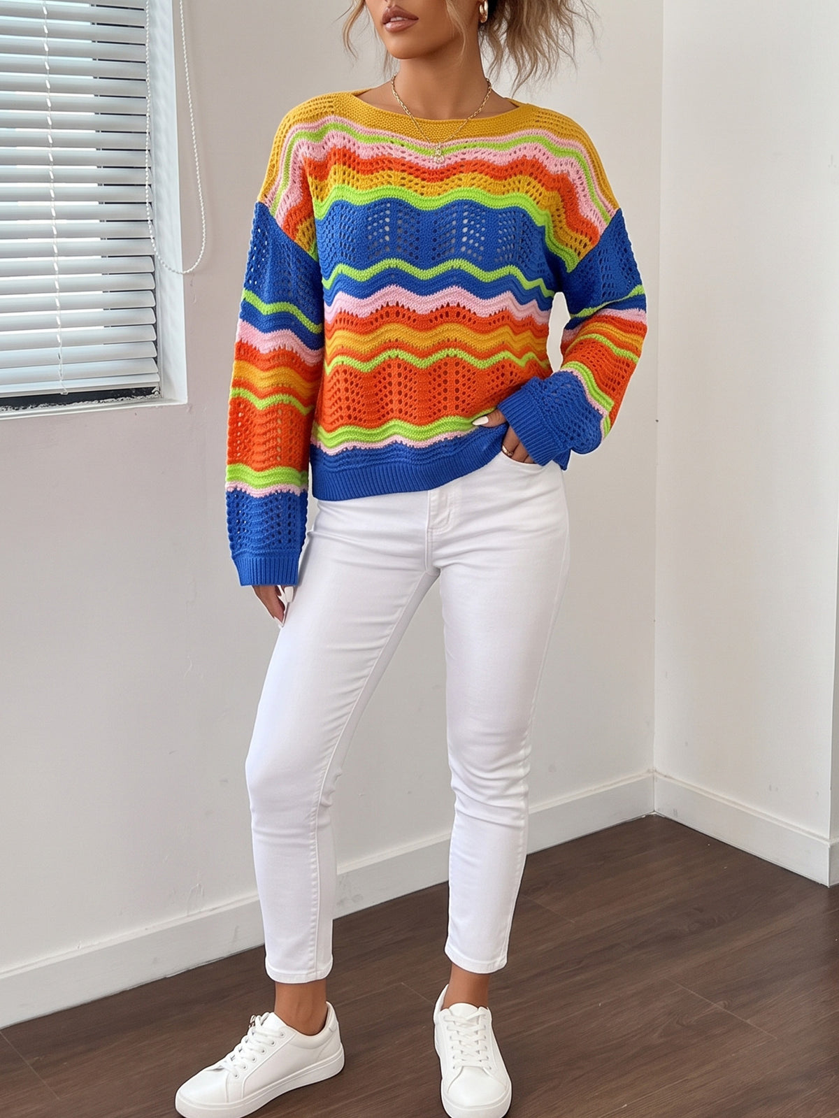 Women’s Striped Crochet Knit Long Sleeve Top
